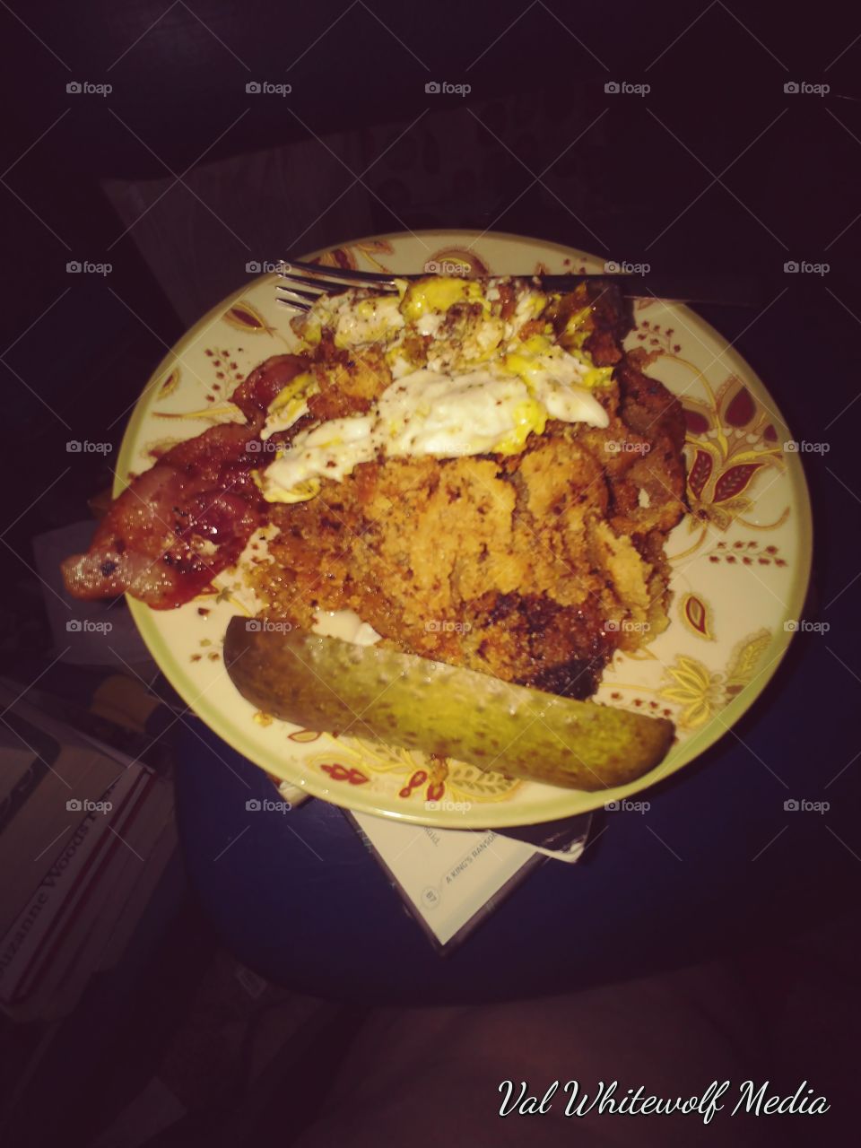 plum pancakes cone bread eggs bacon pickle