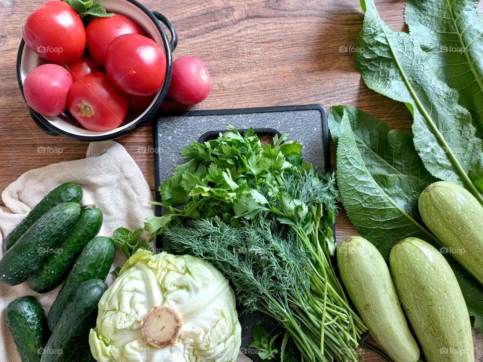 fresh vegetables on the table.