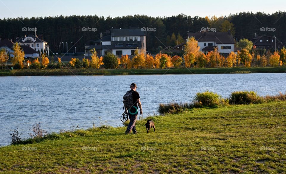 morning walking men with dog outside autumn beautiful landscape