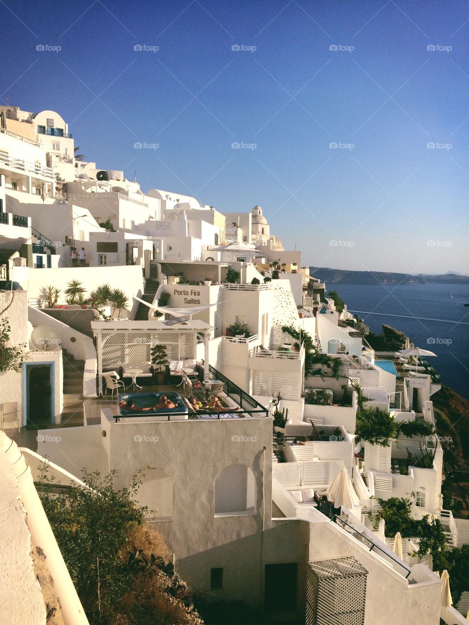 Santorini perfection . View of the beautiful and iconic white architecture of Santorini, Greece