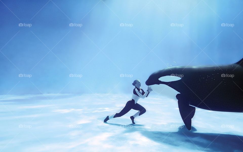 Killer whale with trainer 