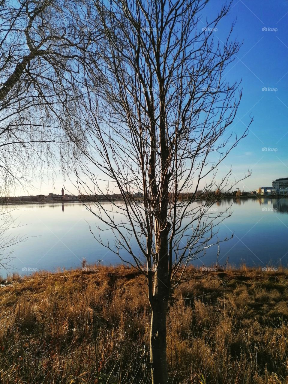 Great view on the Tornio River, Lapland, Finland in autumn. The Finnish-Swedish border is shown on the left.