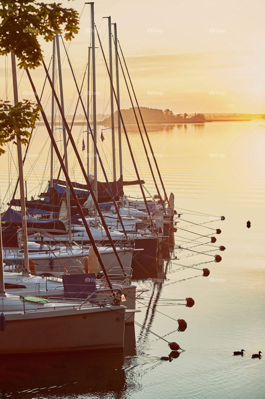 Yachts and boats moored in a harbour at sunrise. Candid people, real moments, authentic situations