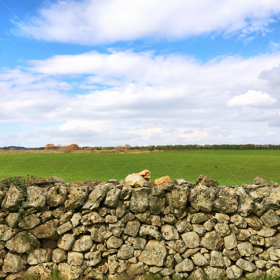 Scenic view of stone wall on landscape