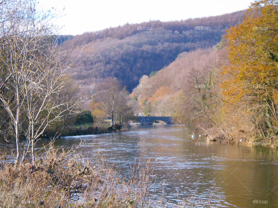 A river, a bridge and some hills in autumn, Wales