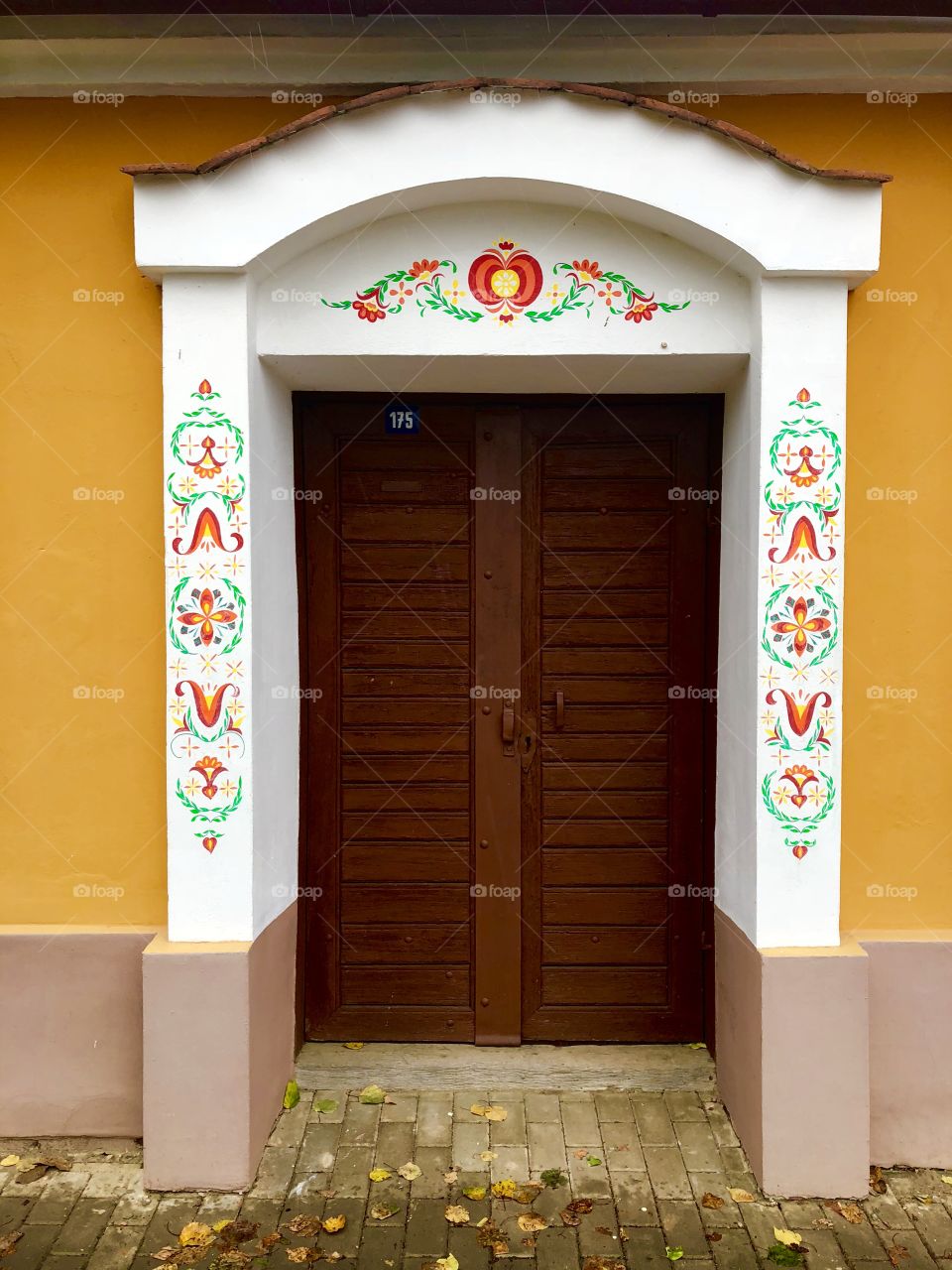 Moravia painted house. Traditional Czech art. Wine cellar door. 