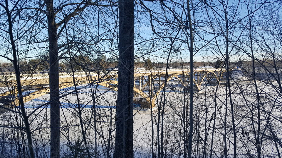 The bridge over dalälven behind trees.